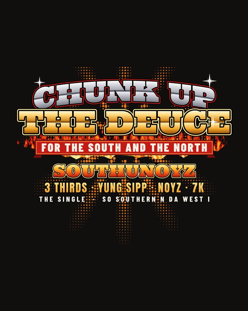 Chunk Up the Deuce tee in silver and gold chrome lettering with flames