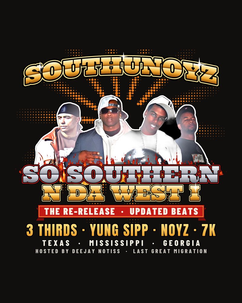 SouthuNoyz bootleg tee front: the crew in front of flames under gold chrome lettering